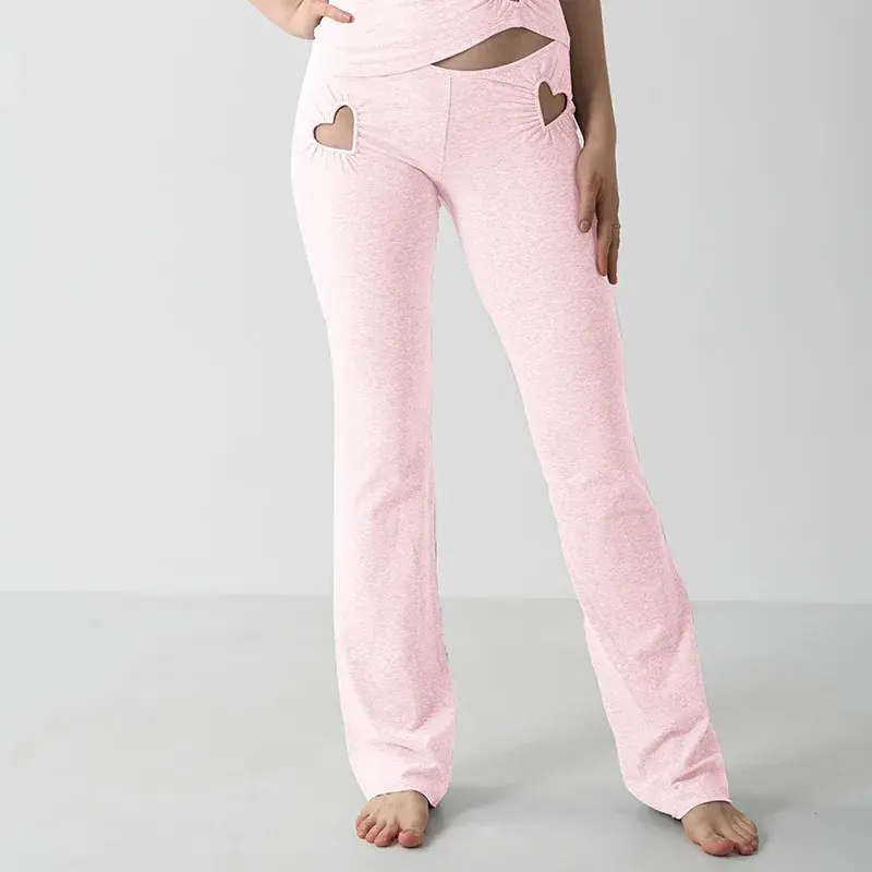 Low Waist Slim Fit Heart Pattern Hollow out Long Pants Cotton Jersey Flare Leggings Breathable Comfortable Women's Trousers