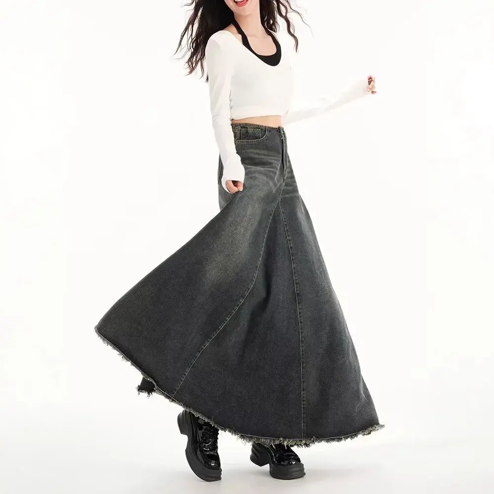 American Style Retro Denim Mini Skirt Women High Waist Slimming Mid-Length A- Line Bodycon Fish Tail Wide Skirt