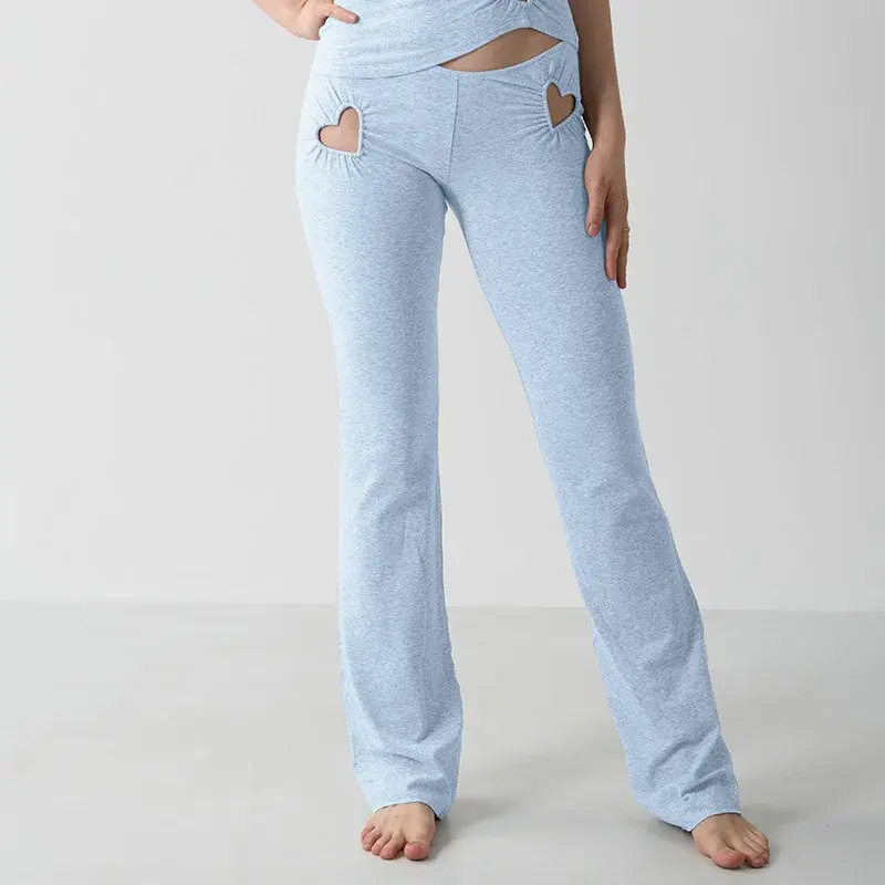 Low Waist Slim Fit Heart Pattern Hollow out Long Pants Cotton Jersey Flare Leggings Breathable Comfortable Women's Trousers