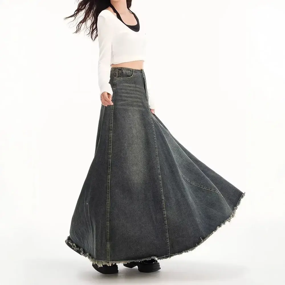 American Style Retro Denim Mini Skirt Women High Waist Slimming Mid-Length A- Line Bodycon Fish Tail Wide Skirt