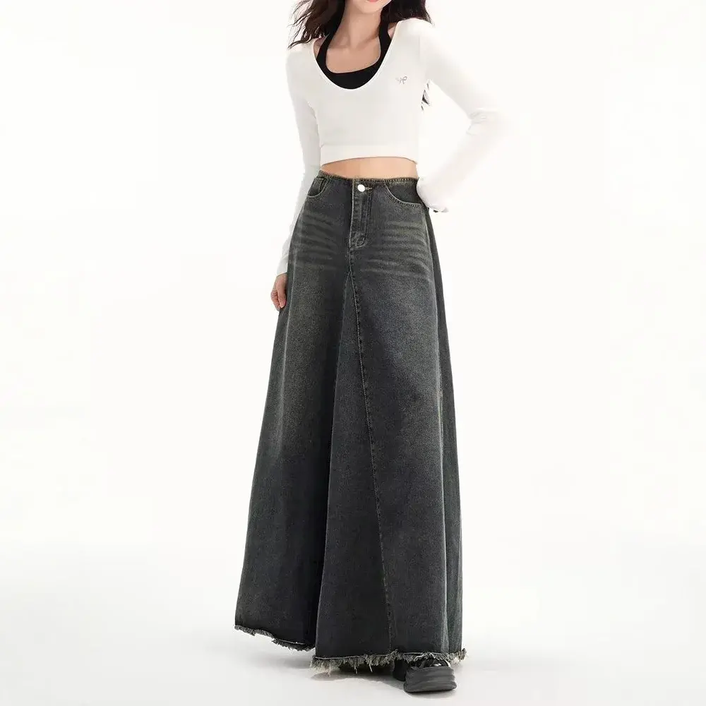 American Style Retro Denim Mini Skirt Women High Waist Slimming Mid-Length A- Line Bodycon Fish Tail Wide Skirt