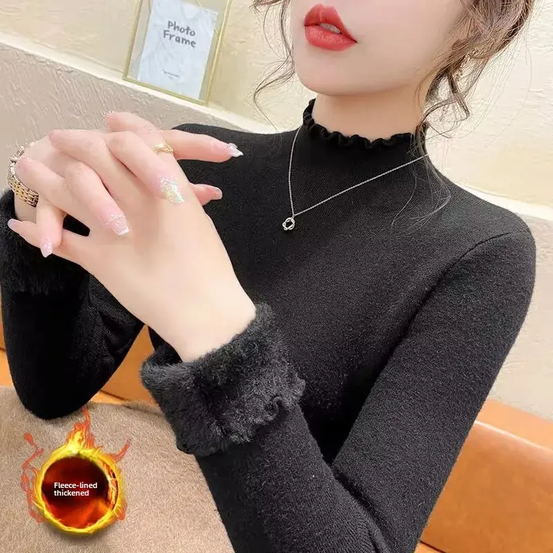 Women's Fleece Lined Thickened Integrated Velvet Base Shirt Autumn Winter New Style Half High Collar Warm Versatile T-shirt Top