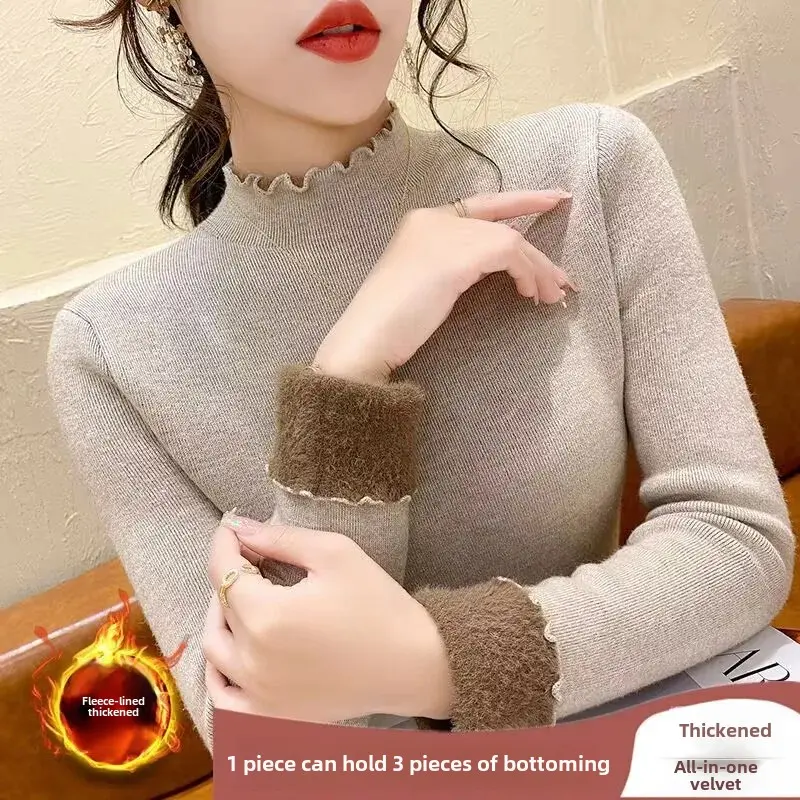 Women's Fleece Lined Thickened Integrated Velvet Base Shirt Autumn Winter New Style Half High Collar Warm Versatile T-shirt Top