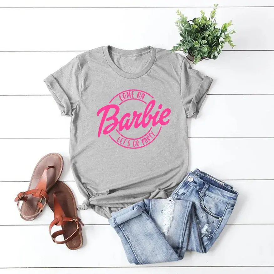 Independent Station Come On Barbie Cute Pattern Printing Round Neck Short Sleeves T-Shirt Women's Pure Cotton Foreign Trade