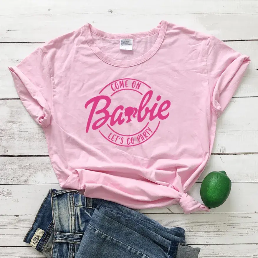 Independent Station Come On Barbie Cute Pattern Printing Round Neck Short Sleeves T-Shirt Women's Pure Cotton Foreign Trade