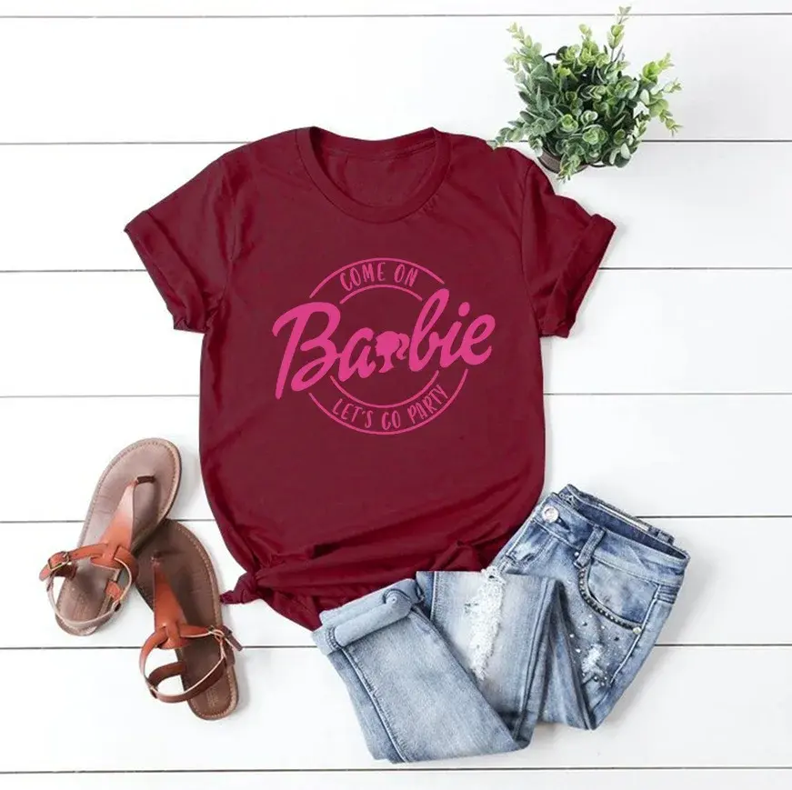 Independent Station Come On Barbie Cute Pattern Printing Round Neck Short Sleeves T-Shirt Women's Pure Cotton Foreign Trade