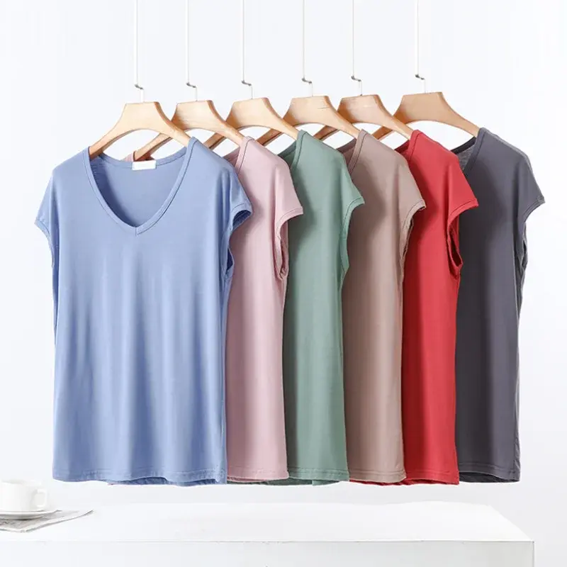 Slimming Solid Color V-Neck Short Sleeve Modal T-Shirt Women's Summer Large Size Vest Base Shirt Thin Inner Wear Outerwear