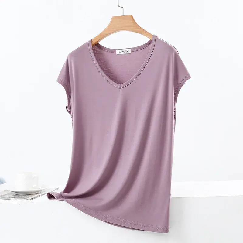 Slimming Solid Color V-Neck Short Sleeve Modal T-Shirt Women's Summer Large Size Vest Base Shirt Thin Inner Wear Outerwear