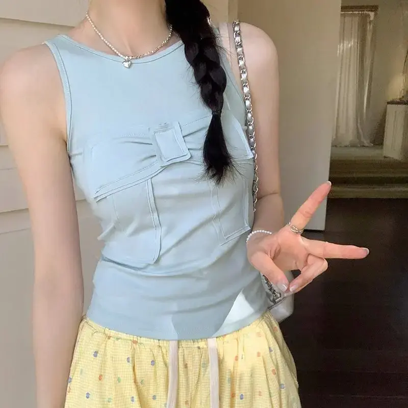 Summer Butterfly Knot Patchwork Design Sleeveless Vest Women's Fashion Slim Fit Outerwear Hot Girl Bow Decor Tank Top