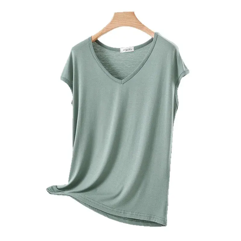 Slimming Solid Color V-Neck Short Sleeve Modal T-Shirt Women's Summer Large Size Vest Base Shirt Thin Inner Wear Outerwear