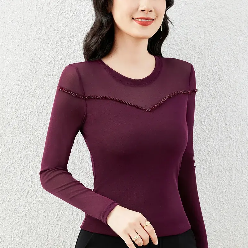 New 2024 Autumn Handmade Embroidery Stylish Small Shirt Plus Size Elastic Cotton Women's T-shirt Crew Neck Design