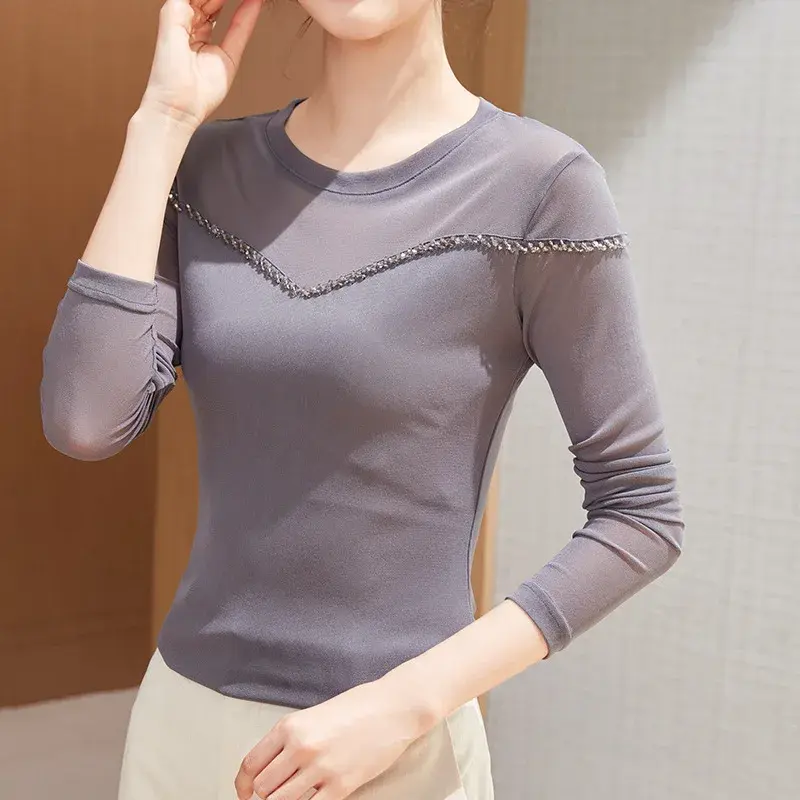 New 2024 Autumn Handmade Embroidery Stylish Small Shirt Plus Size Elastic Cotton Women's T-shirt Crew Neck Design