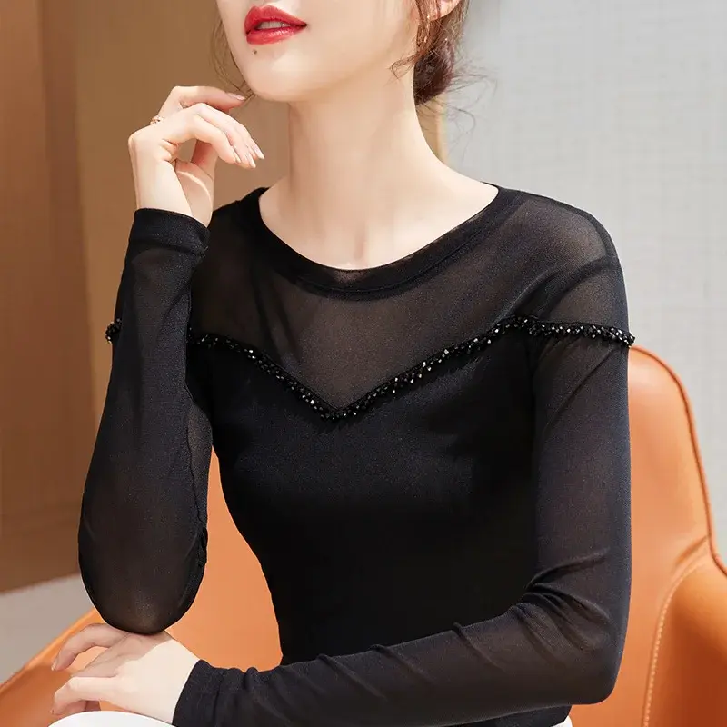 New 2024 Autumn Handmade Embroidery Stylish Small Shirt Plus Size Elastic Cotton Women's T-shirt Crew Neck Design