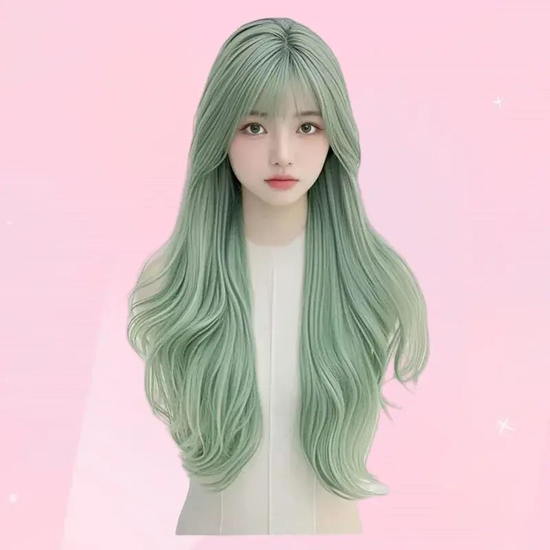 Long Hair Wig Women Big Curl Natural Simulation Fashion Mint Green Full Head Cover Synthetic Hair Lace Frontal Wig for Black Peo