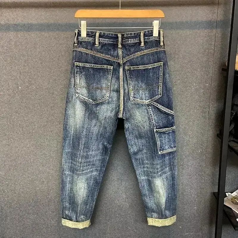Spring Summer New High-end American Style Men's Jeans Casual Trendy Brand Splicing High Street Loose-fit Straight-leg Harens