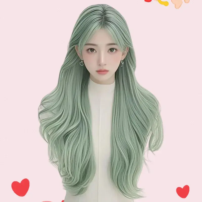 Long Hair Wig Women Big Curl Natural Simulation Fashion Mint Green Full Head Cover Synthetic Hair Lace Frontal Wig for Black Peo