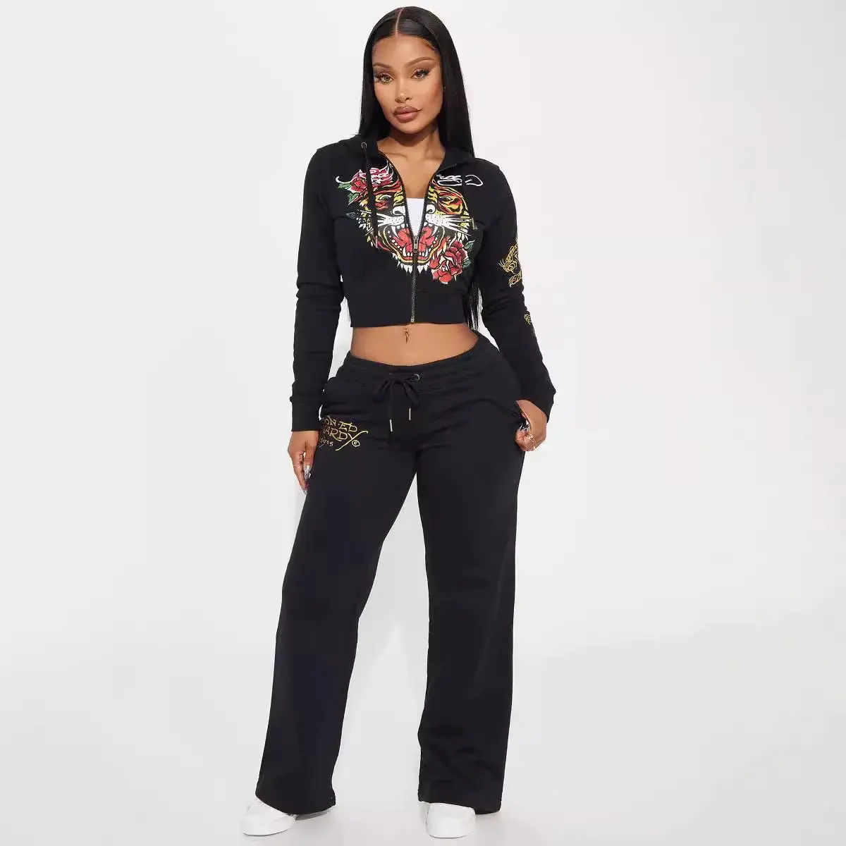 Comfortable Casual Fashion Streetwear Zipper Hooded Printed Two-Piece Set Women's Clothing Vibrant Artistic Design