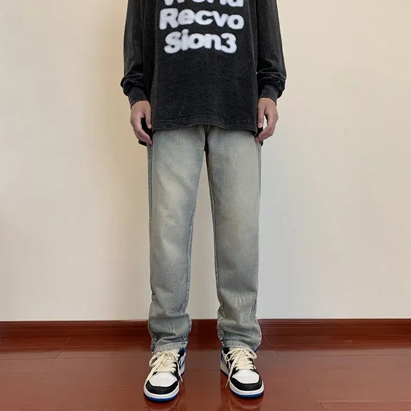 Trendy Slimming Long Jeans For Men 2024 Spring Autumn High Street Style Zipper Up Straight Leg Retro Denim Pants
