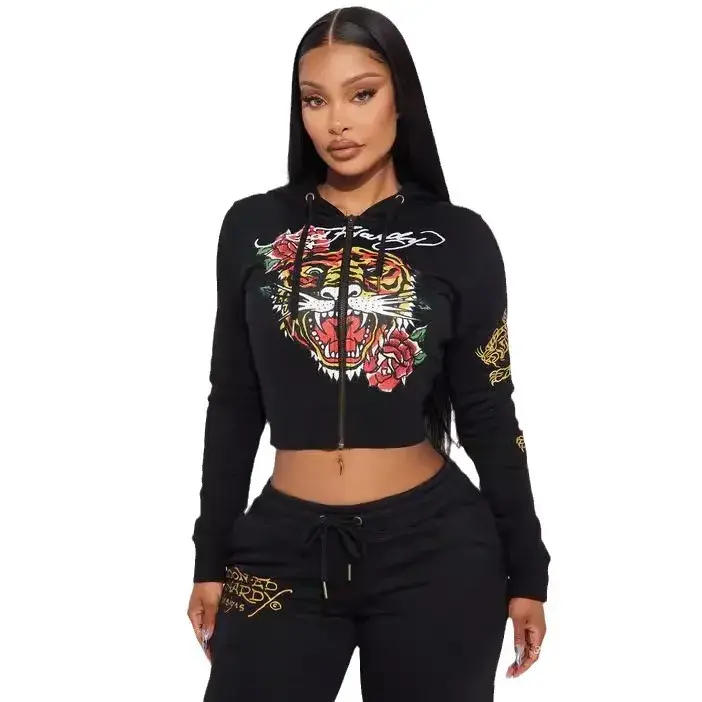 Comfortable Casual Fashion Streetwear Zipper Hooded Printed Two-Piece Set Women's Clothing Vibrant Artistic Design