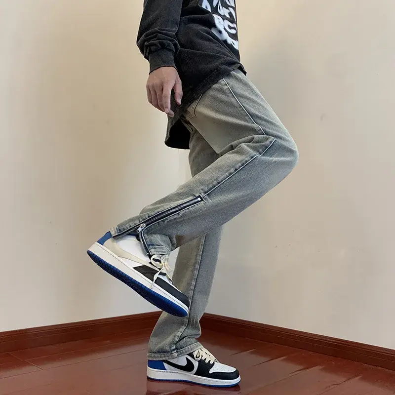 Trendy Slimming Long Jeans For Men 2024 Spring Autumn High Street Style Zipper Up Straight Leg Retro Denim Pants