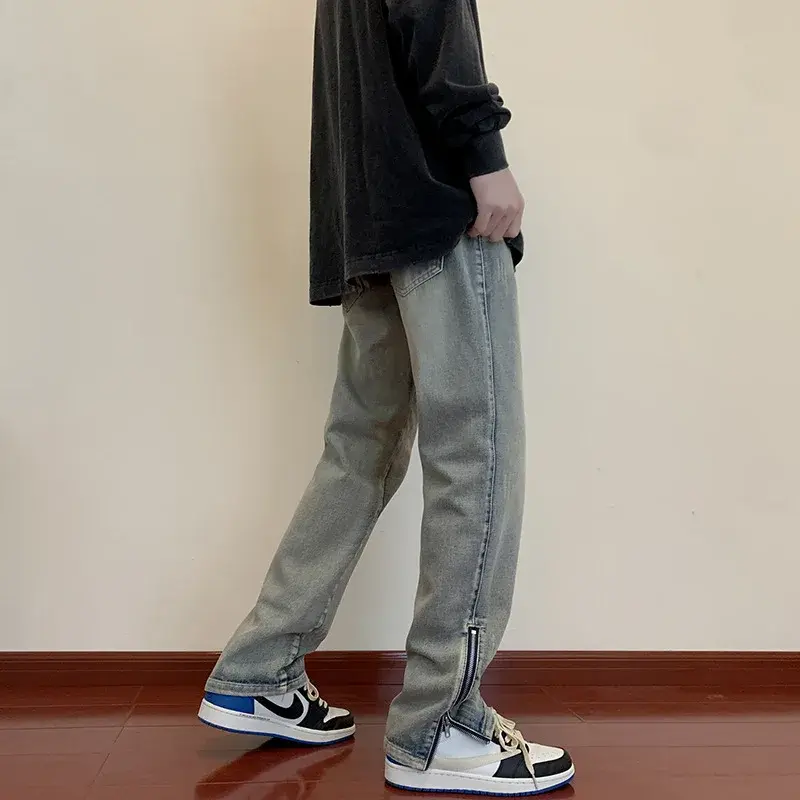 Trendy Slimming Long Jeans For Men 2024 Spring Autumn High Street Style Zipper Up Straight Leg Retro Denim Pants