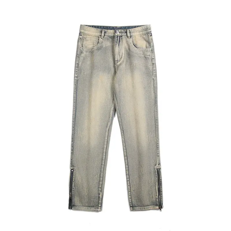 Trendy Slimming Long Jeans For Men 2024 Spring Autumn High Street Style Zipper Up Straight Leg Retro Denim Pants
