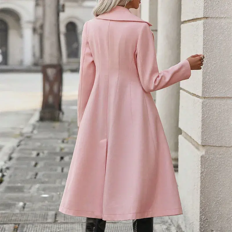 Women's Autumn Winter Double Breasted A- Line Coat with Flap Pockets Stand Collar Windbreaker Fashionable Ladies' Outerwear
