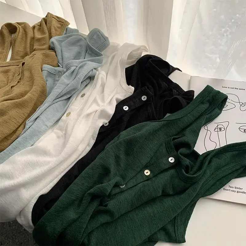 Loose Cotton Button Vest Women Casual Thin U-Neck Bamboo Fiber Breathable Base Layer Tank Top Pure Color Leisure Wear
