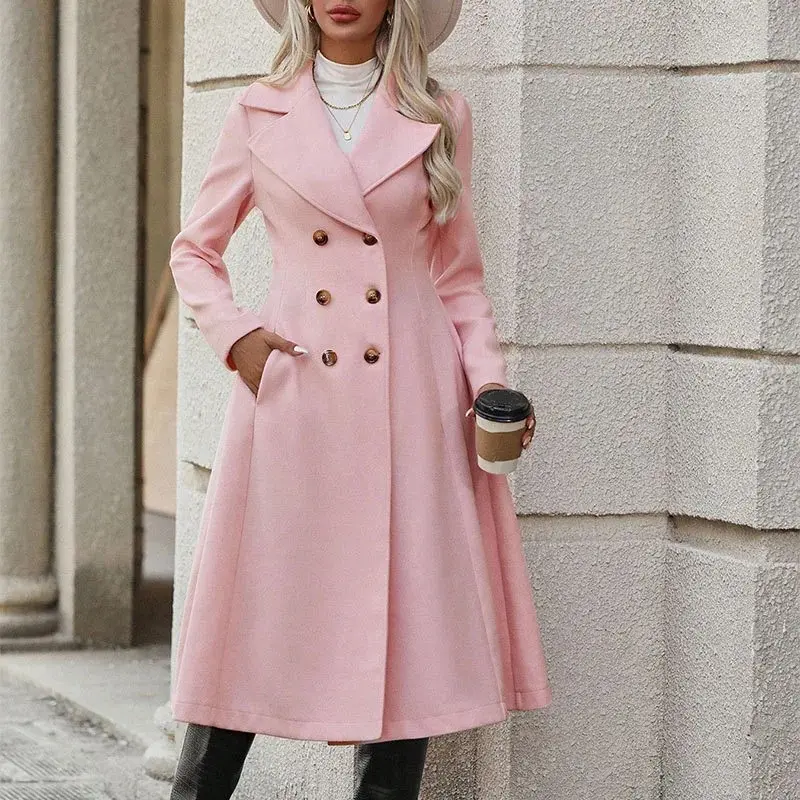 Women's Autumn Winter Double Breasted A- Line Coat with Flap Pockets Stand Collar Windbreaker Fashionable Ladies' Outerwear