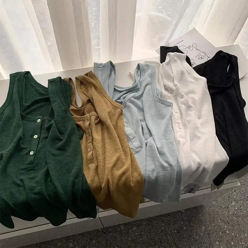 Loose Cotton Button Vest Women Casual Thin U-Neck Bamboo Fiber Breathable Base Layer Tank Top Pure Color Leisure Wear