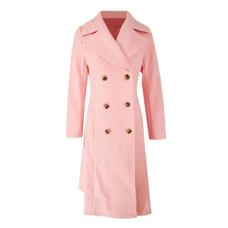 Women's Autumn Winter Double Breasted A- Line Coat with Flap Pockets Stand Collar Windbreaker Fashionable Ladies' Outerwear