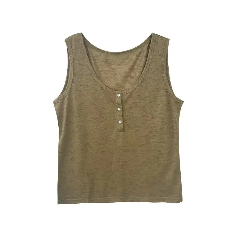 Loose Cotton Button Vest Women Casual Thin U-Neck Bamboo Fiber Breathable Base Layer Tank Top Pure Color Leisure Wear