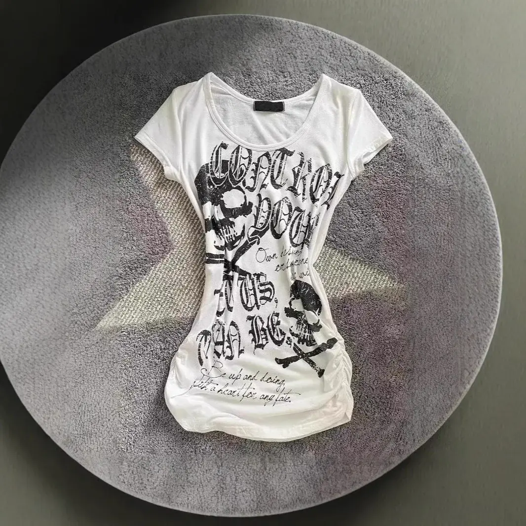 Slim Fit Punk Rock Short Sleeve T-Shirt Hot Girl Waist in Black Summer American Style Skeleton Print Pure Desire Ins Women's Clo