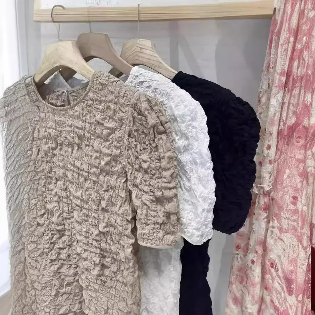 Petite Chiffon Slimming Round Neck T-Shirt Women's Loose Fit Fashionable Bubble Sleeve Crewe Neck Decorated With Wrinkles