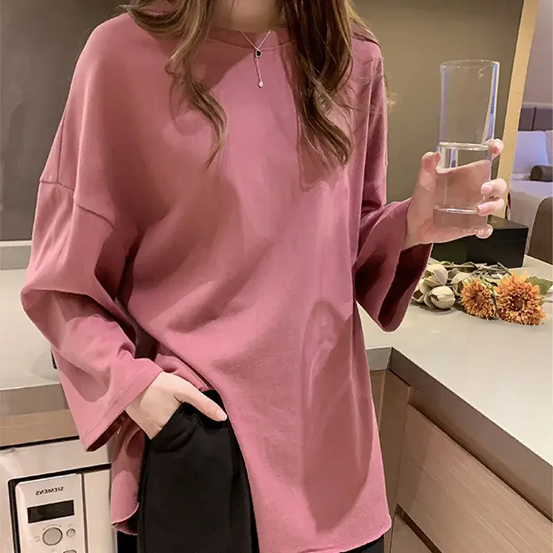 Trendy Open Split Long Sleeve Base Shirt Women's Loose Inner Wear Bottoming Top Female Fashion Autumn Clothing T-shirt