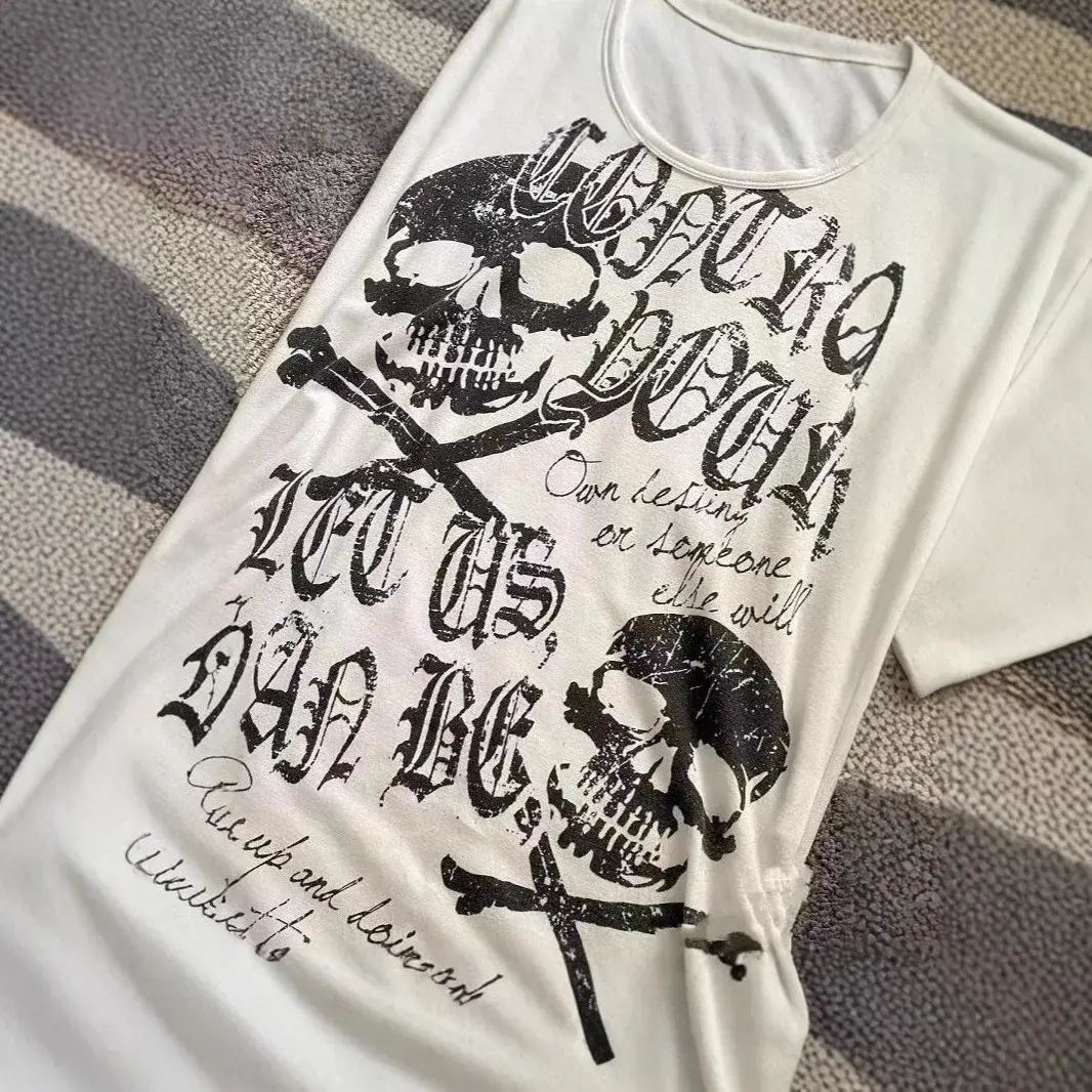 Slim Fit Punk Rock Short Sleeve T-Shirt Hot Girl Waist in Black Summer American Style Skeleton Print Pure Desire Ins Women's Clo