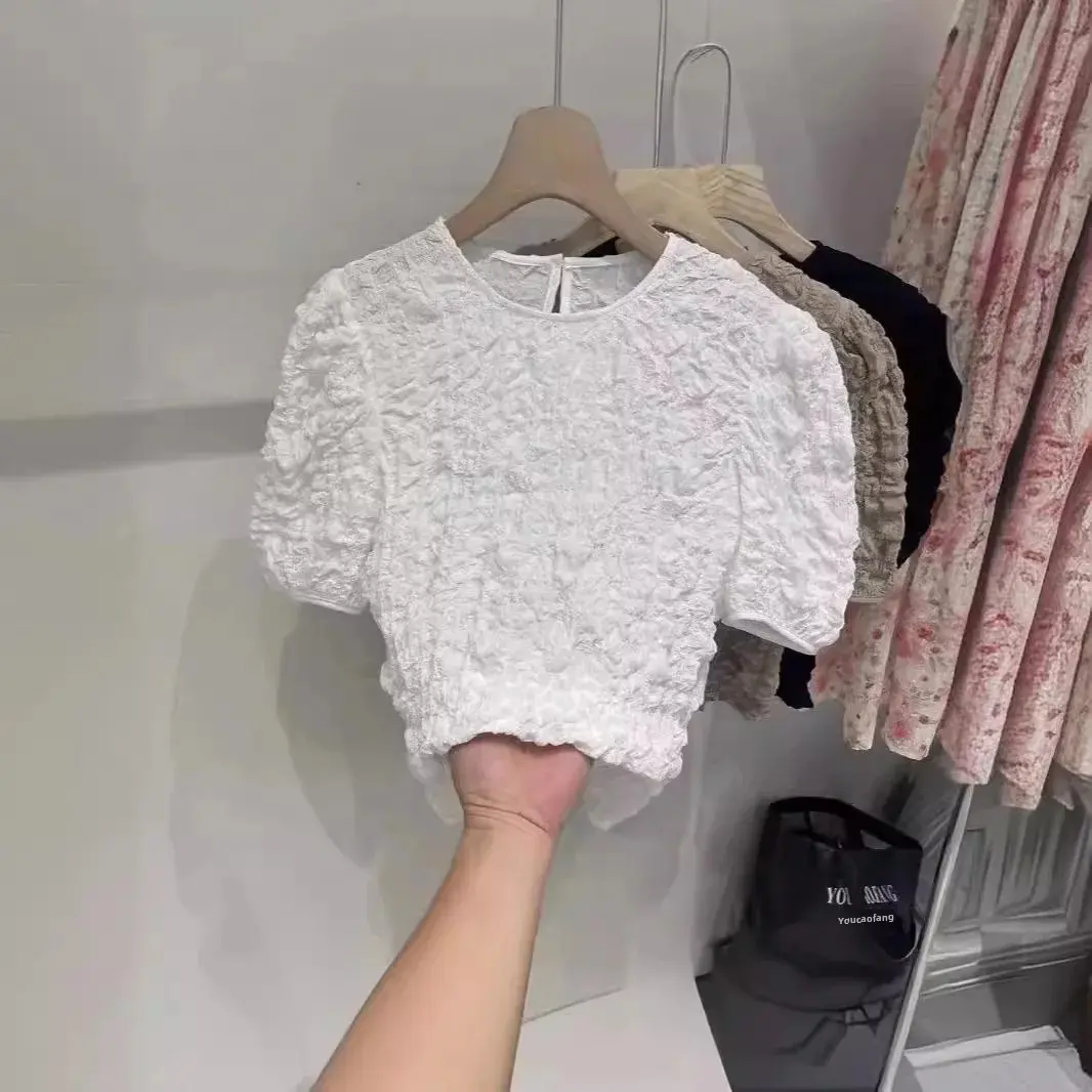 Petite Chiffon Slimming Round Neck T-Shirt Women's Loose Fit Fashionable Bubble Sleeve Crewe Neck Decorated With Wrinkles