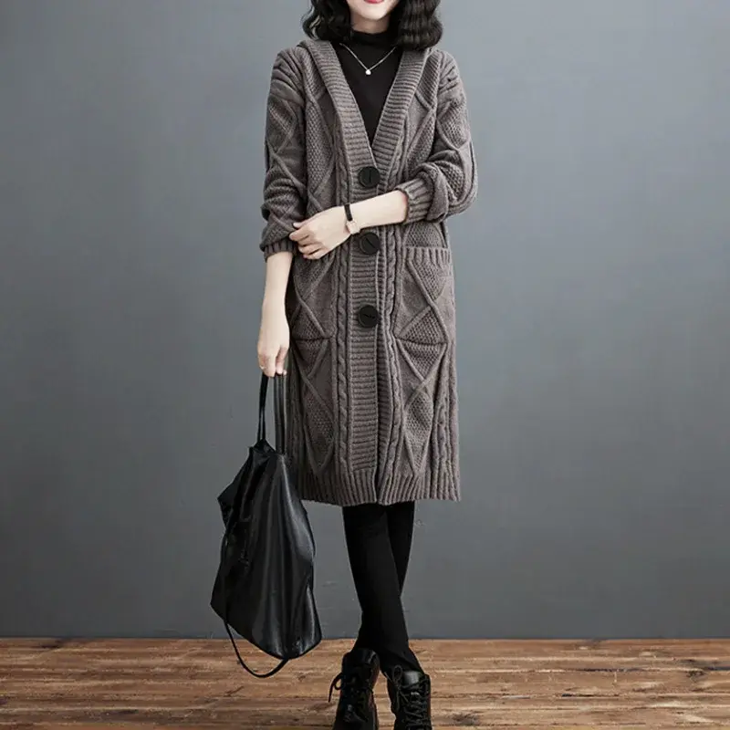 VersatileWarm 2023 Autumn/Winter New Fashionable Loose-Fit Medium-Length Hooded Cable Knit Sweater Jacket Trendy