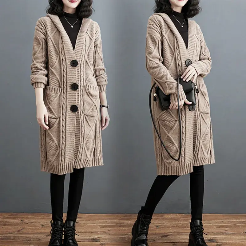 VersatileWarm 2023 Autumn/Winter New Fashionable Loose-Fit Medium-Length Hooded Cable Knit Sweater Jacket Trendy