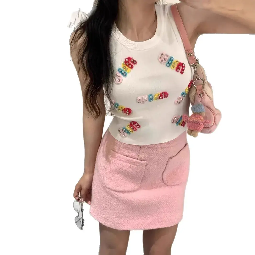 Spicy Girl Letter Print Knitted Crop Top Women's Sleeveless Slimming Vest New 2025 Inner Wear Fashionable Design