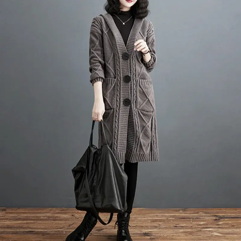VersatileWarm 2023 Autumn/Winter New Fashionable Loose-Fit Medium-Length Hooded Cable Knit Sweater Jacket Trendy