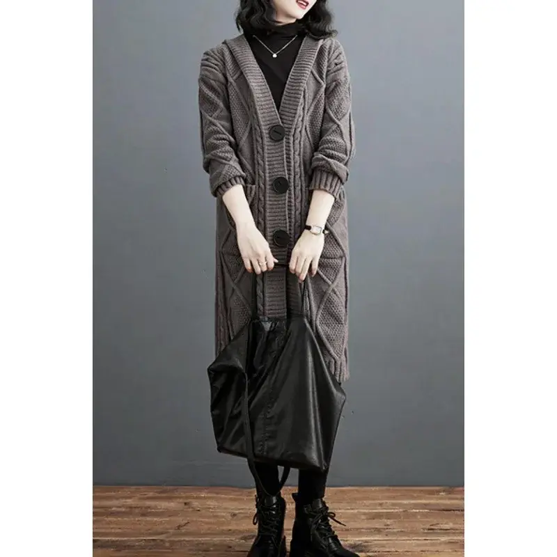 VersatileWarm 2023 Autumn/Winter New Fashionable Loose-Fit Medium-Length Hooded Cable Knit Sweater Jacket Trendy