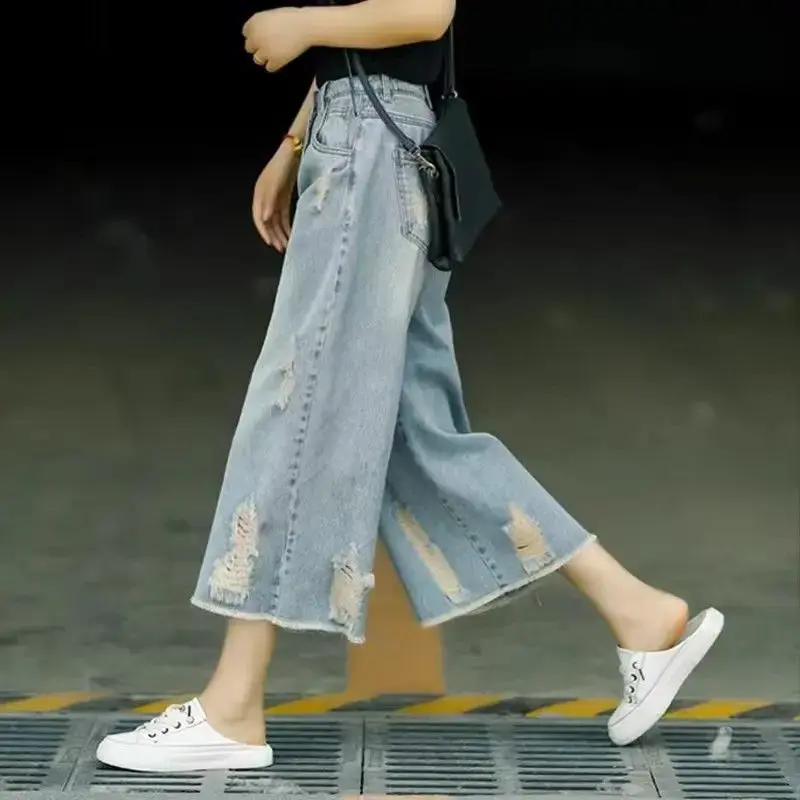 2024 Spring Summer Thin High-waisted Loose-fit Bell Bottoms Women's Vintage Casual Jeans Ripped Light Blue