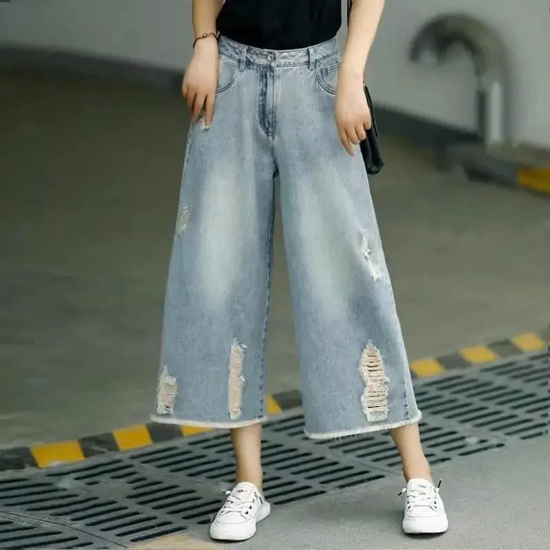 2024 Spring Summer Thin High-waisted Loose-fit Bell Bottoms Women's Vintage Casual Jeans Ripped Light Blue