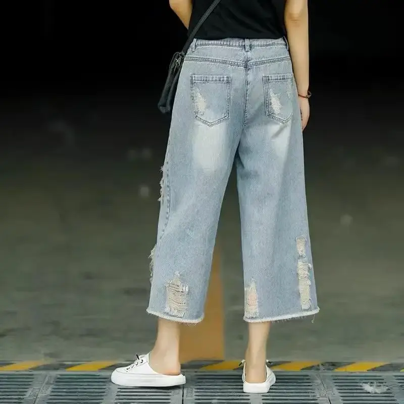 2024 Spring Summer Thin High-waisted Loose-fit Bell Bottoms Women's Vintage Casual Jeans Ripped Light Blue