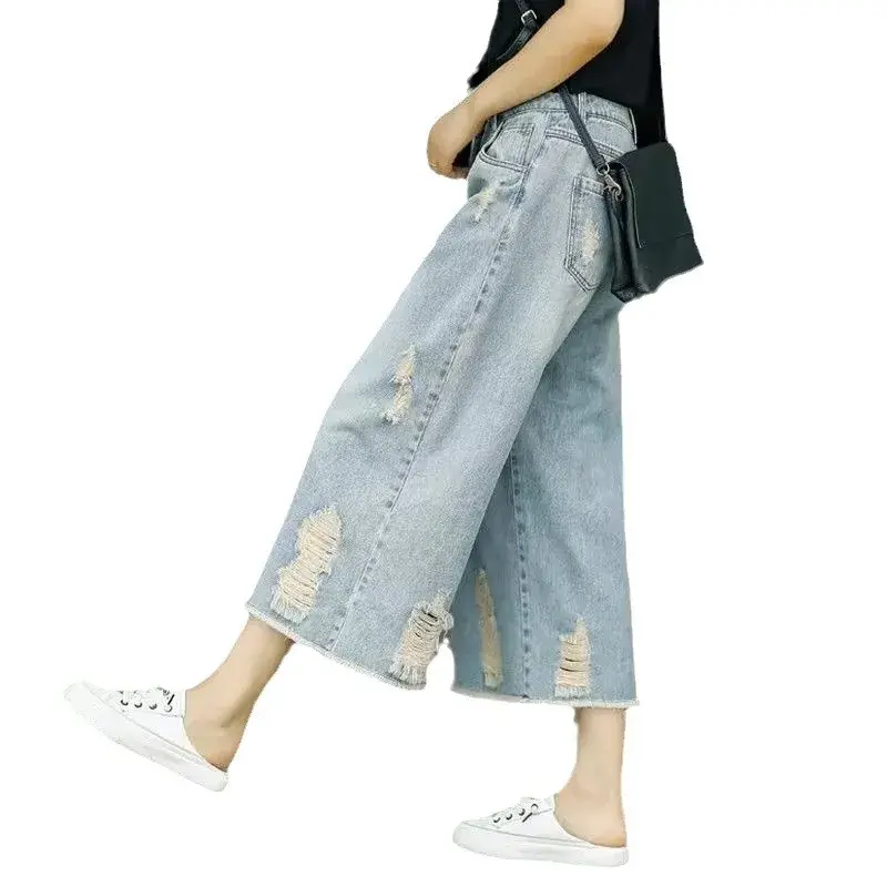 2024 Spring Summer Thin High-waisted Loose-fit Bell Bottoms Women's Vintage Casual Jeans Ripped Light Blue
