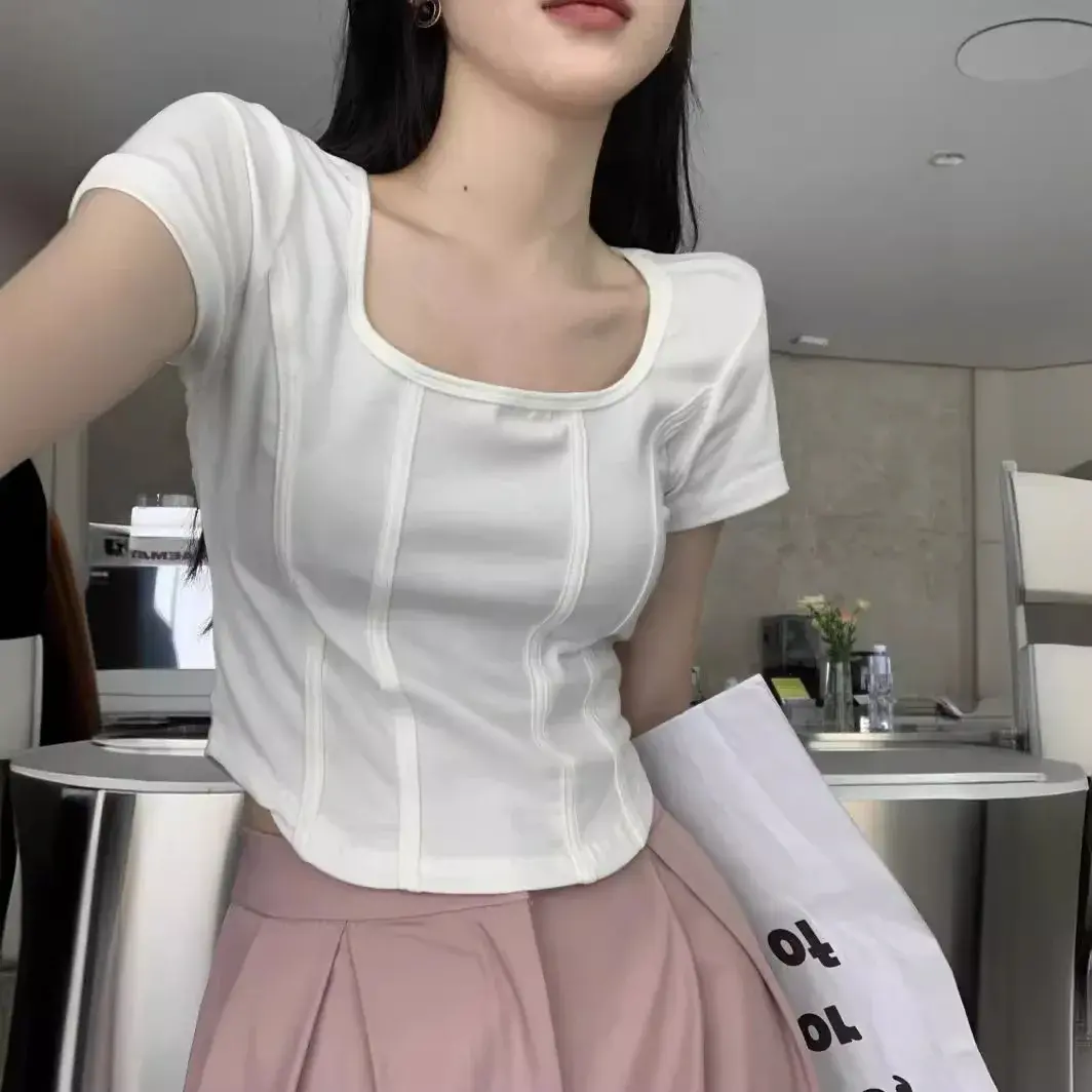 Chic Slim Fit Square Collar Short Sleeve T Shirt Women's Summer 2024 New American Retro Fishbone Pattern Trendy Top
