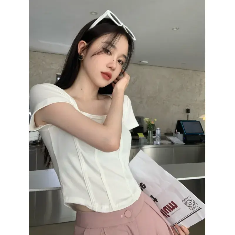 Chic Slim Fit Square Collar Short Sleeve T Shirt Women's Summer 2024 New American Retro Fishbone Pattern Trendy Top