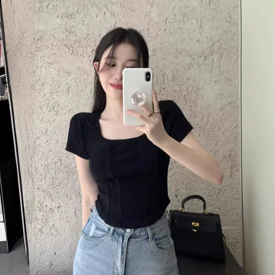 Chic Slim Fit Square Collar Short Sleeve T Shirt Women's Summer 2024 New American Retro Fishbone Pattern Trendy Top