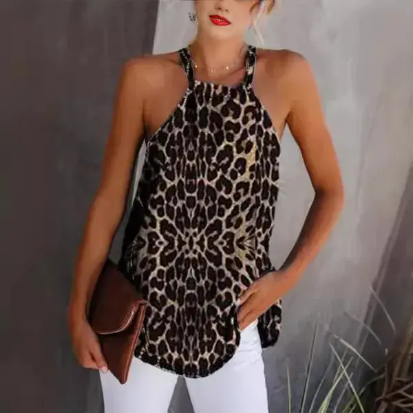 New Cross-Border Women's Tank Top Belted Back Zipper round Neck Leopard Print Floral Mixed Fabric Sleeveless Chinese Origin
